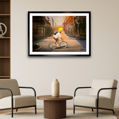 Solar Eclipse, a cyclist riding through Oslo city streets — photography cycling wall art print by Douglas Carr