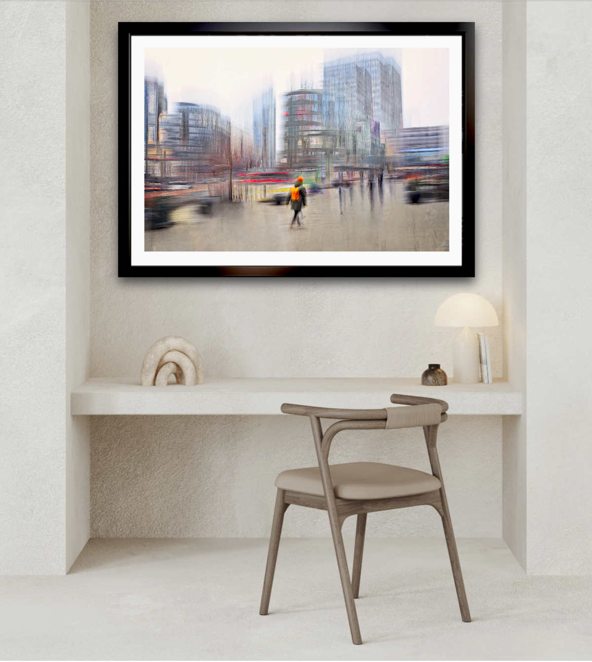 Carrying Silence a person walking through Oslo city streets towards Oslo S with a orange backpack — ICM photography cycling wall art print by Douglas Carr at Oslo Art Prints