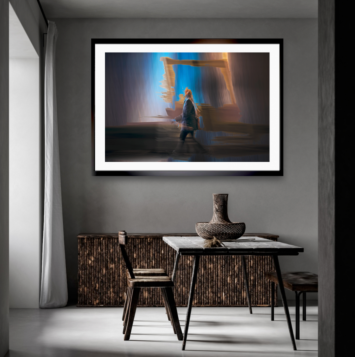 Between Light and Motion a man walking through Oslo city streets at night — ICM photography cycling wall art print by Douglas Carr at Oslo Art Prints