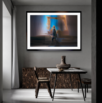 Between Light and Motion a man walking through Oslo city streets at night — ICM photography cycling wall art print by Douglas Carr at Oslo Art Prints
