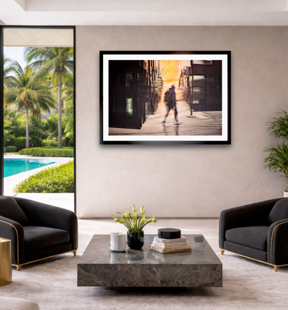 Between Seasons a person walking through Oslo city streets in Barcode  — ICM photography cycling wall art print by Douglas Carr at Oslo Art Prints
