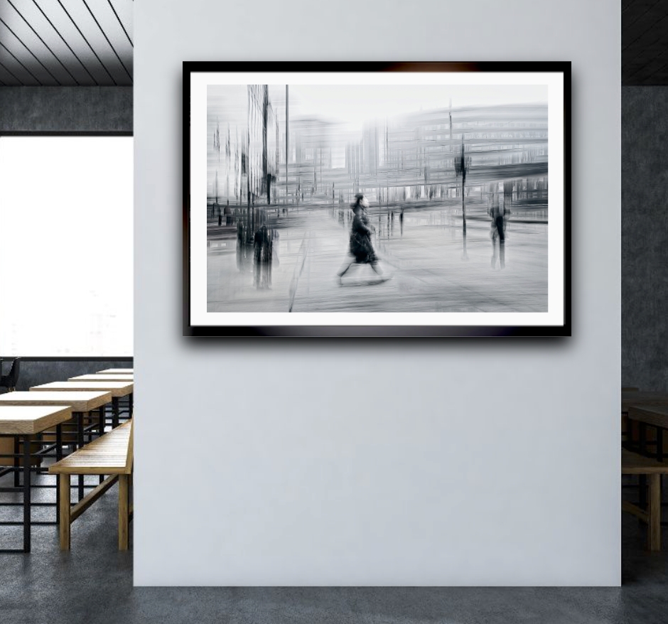 Blurred Intentions a person walking down Karl Johan in Oslo city towards Oslo train station  — Black & White ICM photography cycling wall art print by Douglas Carr at Oslo Art Prints