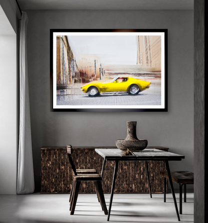 Automotive yellow vintage Corvette wall art print of a American Chevy Corvette - wall art prints art by Douglas Carr Photography