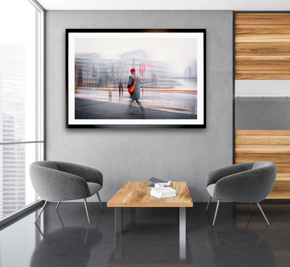 Crimson Passage a man walking through Oslo Bjørvika — ICM photography cycling wall art print by Douglas Carr at Oslo Art Prints