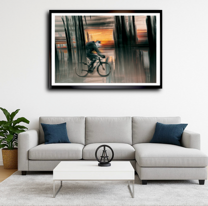 Eclipse of Motion a cyclist riding through Oslo city streets — ICM photography cycling wall art print by Douglas Carr at Oslo Art Prints