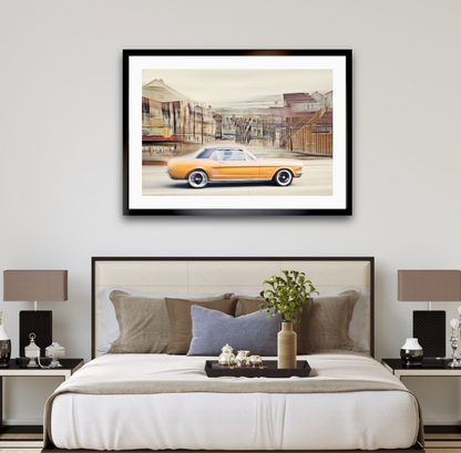 Automotive Limited Edition wall art print of American classic Golden Nugget Ford Mustang motor car by Douglas Carr at Oslo Art Prints