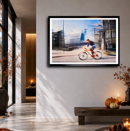 Passing Munch, a cyclist riding through Oslo city streets — ICM photography cycling wall art print by Douglas Carr at Oslo Art Prints