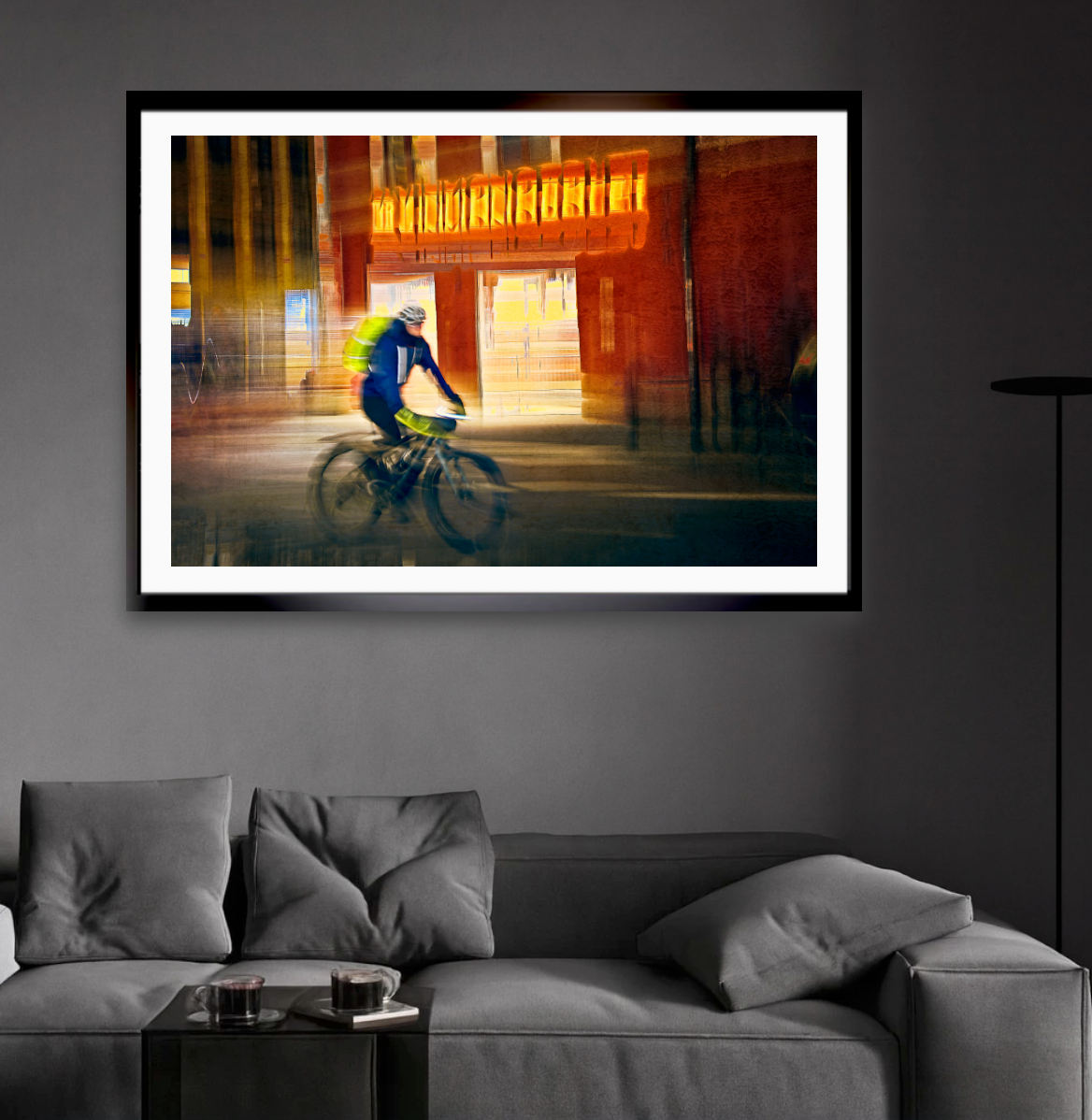 Passing Neon, a cyclist riding through Oslo city streets — ICM photography cycling wall art print by Douglas Carr at Oslo Art Prints