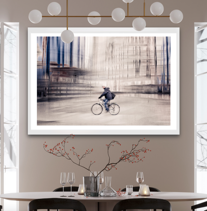 Silent Commuter, a cyclist riding through Oslo city streets — ICM photography cycling wall art print by Douglas Carr at Oslo Art Prints