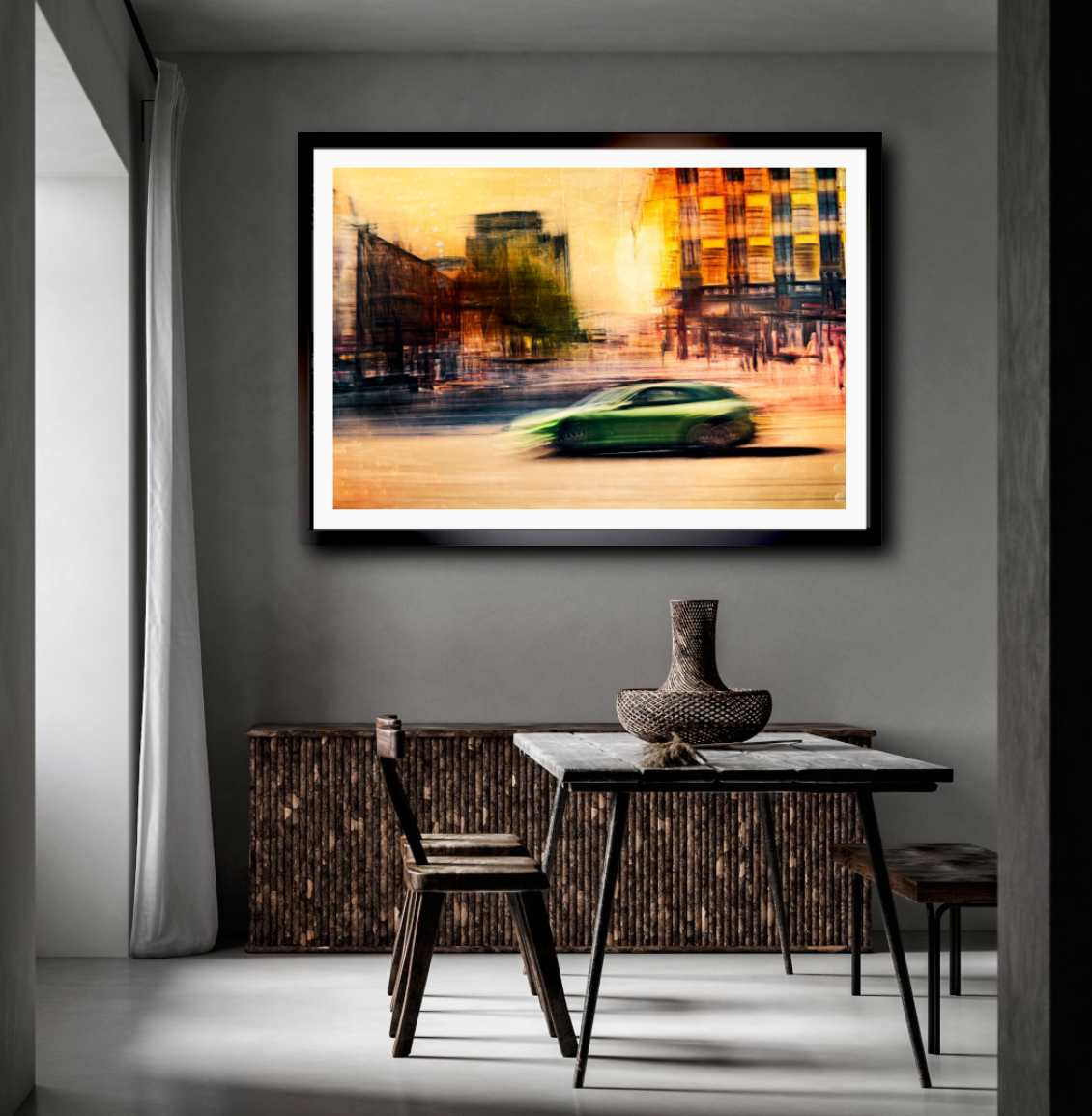 A Green German sport Porsche Panamera driving through Majorstuen Oslo Norway bathed in a golden yellow from the setting sun a fine art photography by Douglas Carr – Oslo Art Prints