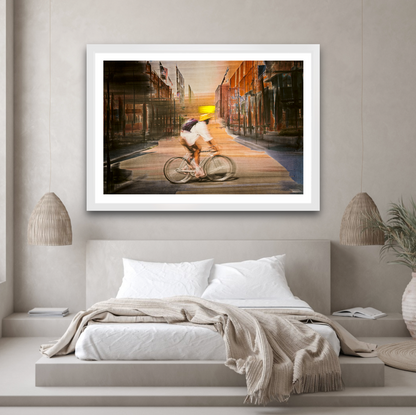 Solar Eclipse, a cyclist riding through Oslo city streets — photography cycling wall art print by Douglas Carr