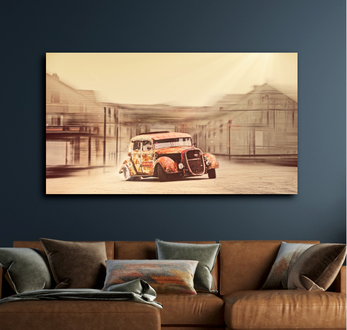 Rust and Smoke: rusten Hudson fra 1934 med Chevrolet LS3-motor, bygd av tidligere norgesmester i drifting Robin H.A., sklir med dekkrøyk gjennom en uskarp sepiagate. Bilkunst av Douglas Carr.