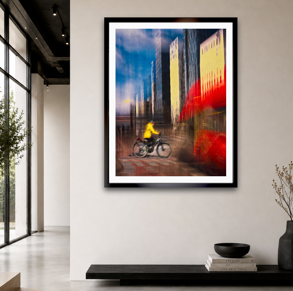 Kinetic in Code, a cyclist riding through Oslo city streets — ICM photography cycling wall art print by Douglas Carr at Oslo Art Prints