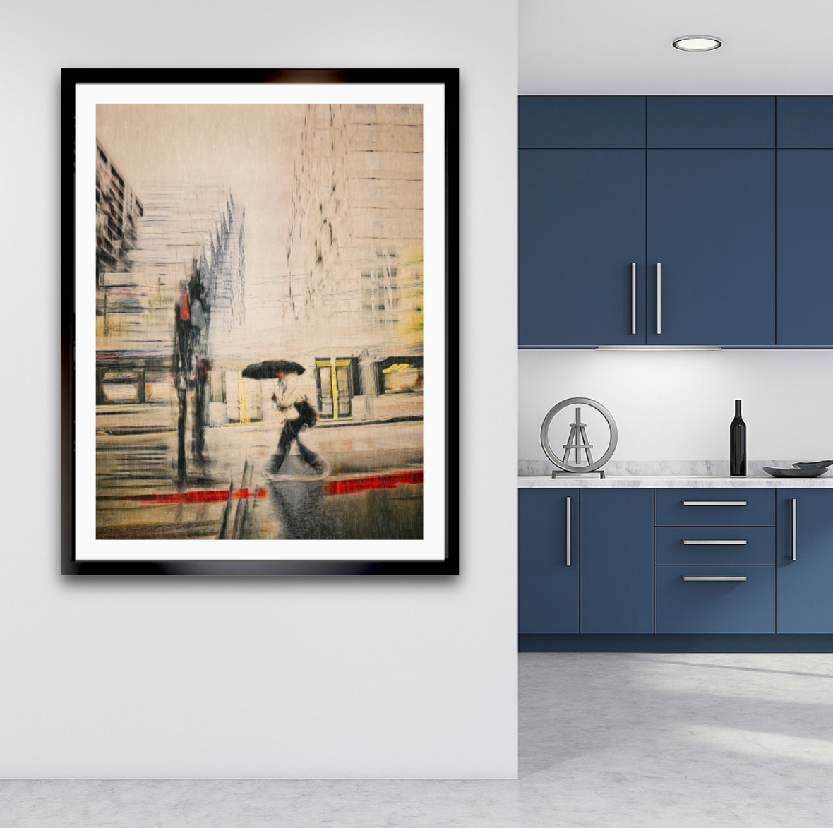 Red Carpet a person walking with a umbrella in the rain  through Barcode Oslo city — ICM photography cycling wall art print by Douglas Carr at Oslo Art Prints