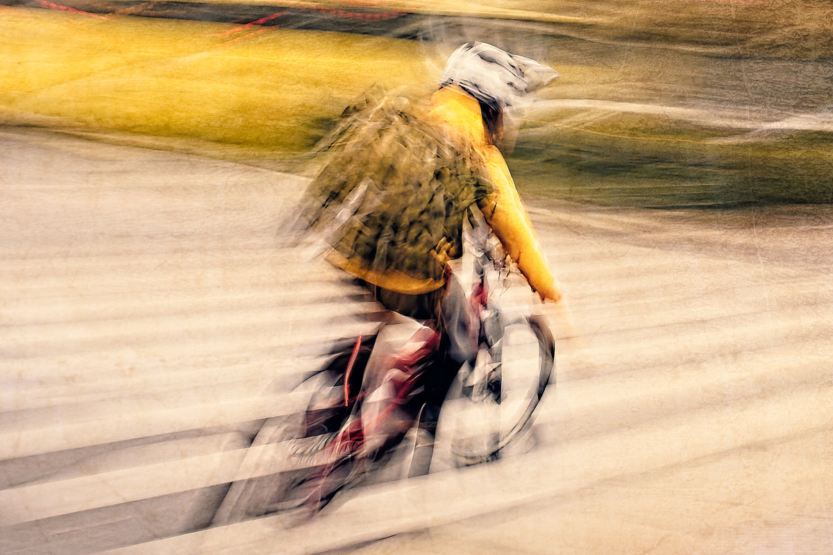 Autumn Rush, a cyclist riding through Oslo city streets — ICM photography cycling wall art print by Douglas Carr at Oslo Art Prints