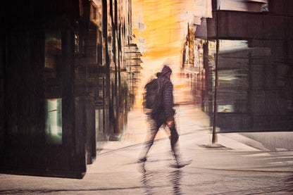 Between Seasons a person walking through Oslo city streets in Barcode  — ICM photography cycling wall art print by Douglas Carr at Oslo Art Prints