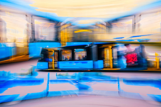 Blue Velocity an blue Oslo city tram in motion through the city — ICM photography tram wall art print by Douglas Carr at Oslo Art Prints