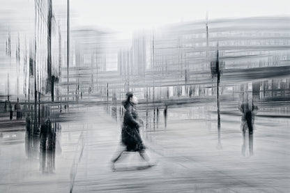 Blurred Intentions a person walking down Karl Johan in Oslo city towards Oslo train station  — Black & White ICM photography cycling wall art print by Douglas Carr at Oslo Art Prints