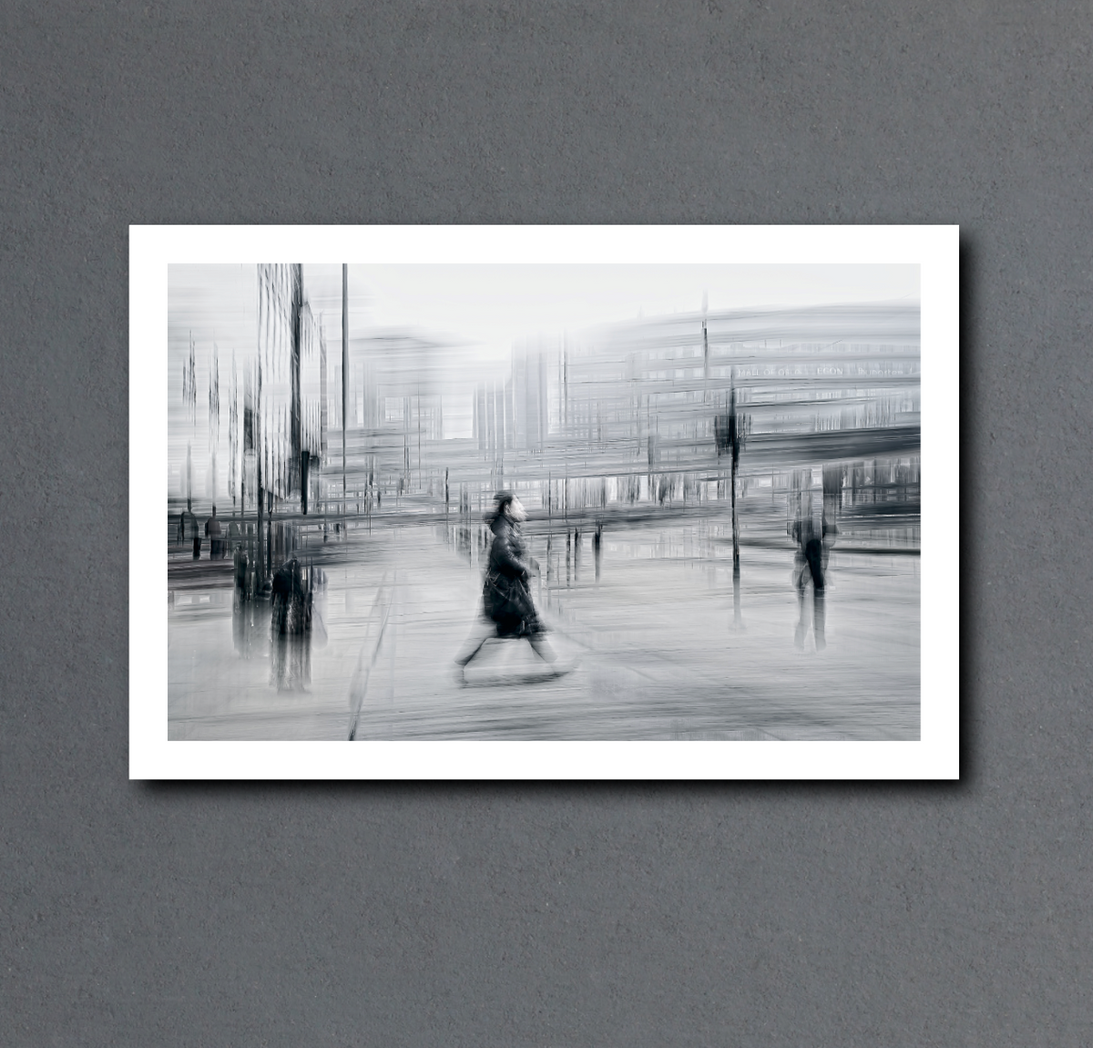 Blurred Intentions a person walking down Karl Johan in Oslo city towards Oslo train station  — Black & White ICM photography cycling wall art print by Douglas Carr at Oslo Art Prints