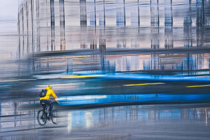 Cadence in Blue, a cyclist riding through Oslo city streets — ICM photography cycling wall art print by Douglas Carr at Oslo Art Prints