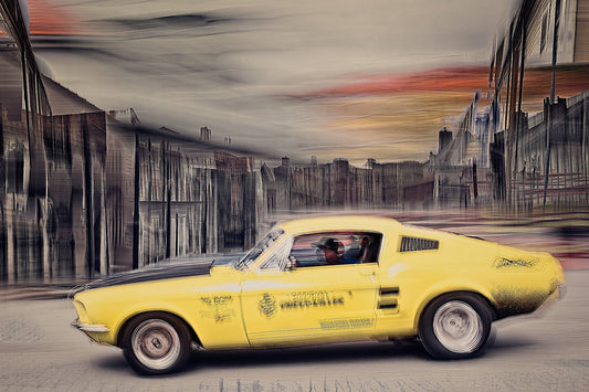 A vintage yellow American automotive Ford Mustang classic car fine art photography wall art prints art by Douglas Carr 