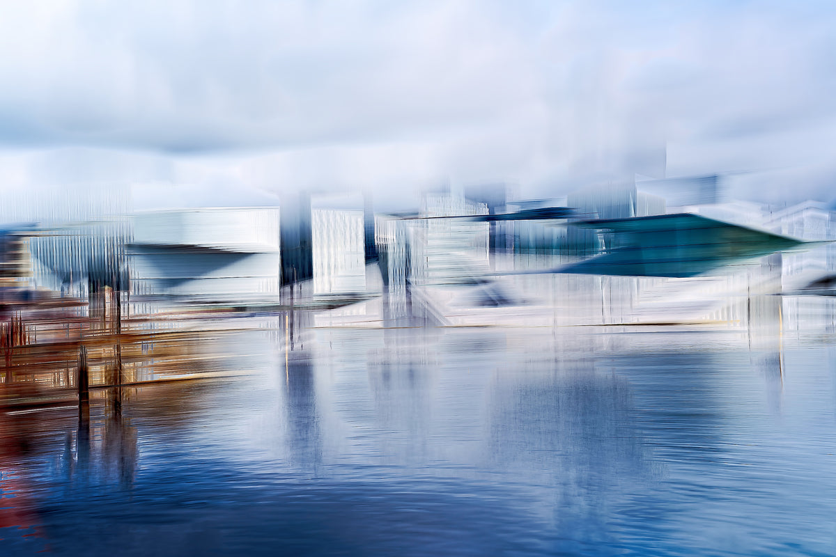 Crystalline Barcode, Oslo Opera House Barcode architecture and skyline waterfront — ICM photography architecture wall art print by Douglas Carr at Oslo Art Prints