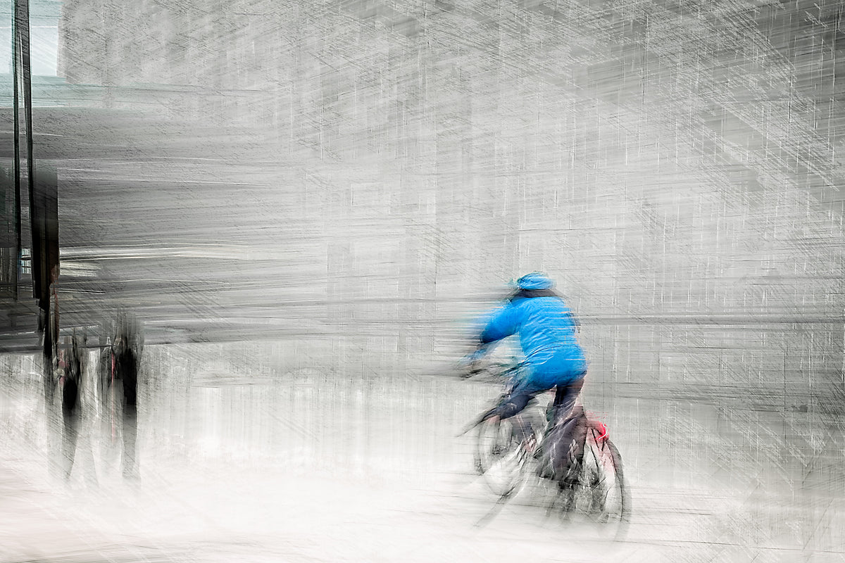 Diagonal Silence, a cyclist riding through Oslo city streets — ICM photography cycling wall art print by Douglas Carr at Oslo Art Prints