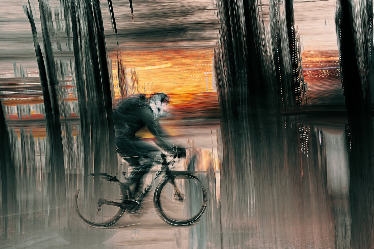 Eclipse of Motion a cyclist riding through Oslo city streets — ICM photography cycling wall art print by Douglas Carr at Oslo Art Prints