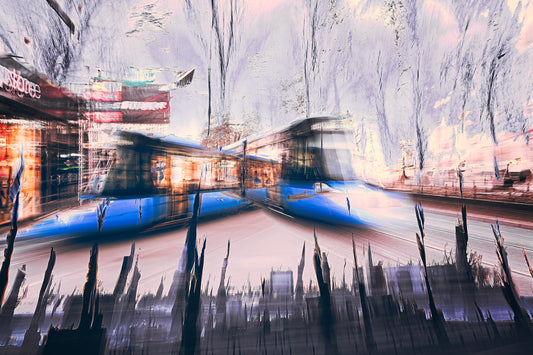 Fleeting Echo blue Oslo city trams in motion through the city — ICM photography tram wall art print by Douglas Carr at Oslo Art Prints