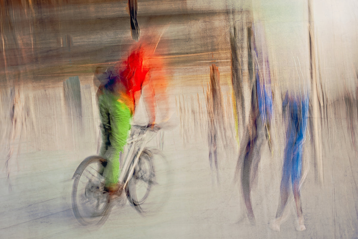Passing Currents a cyclist riding through Oslo city streets — ICM photography cycling wall art print by Douglas Carr at Oslo Art Prints
