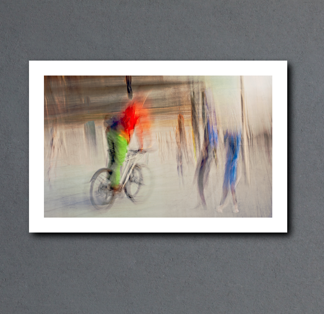 Passing Currents a cyclist riding through Oslo city streets — ICM photography cycling wall art print by Douglas Carr at Oslo Art Prints