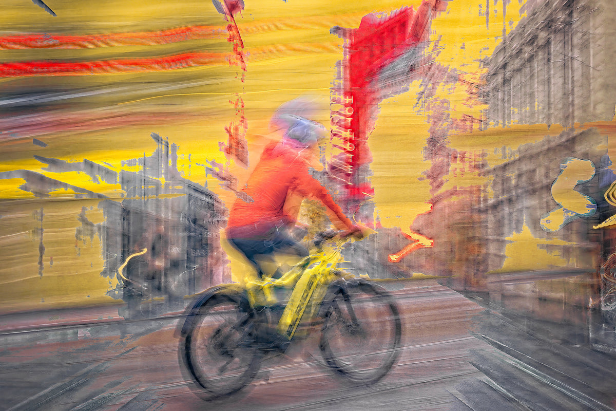 Racing Thoughts a cyclist riding through Oslo city streets — ICM photography cycling wall art print by Douglas Carr at Oslo Art Prints