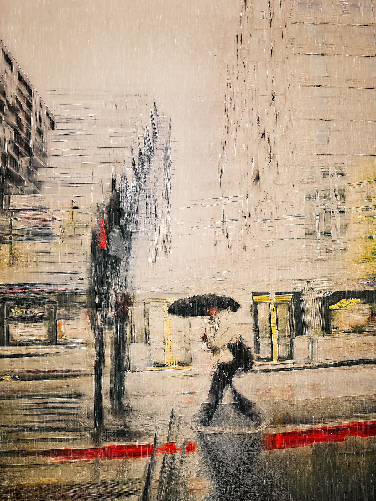 Red Carpet a person walking with a umbrella in the rain  through Barcode Oslo city — ICM photography cycling wall art print by Douglas Carr at Oslo Art Prints