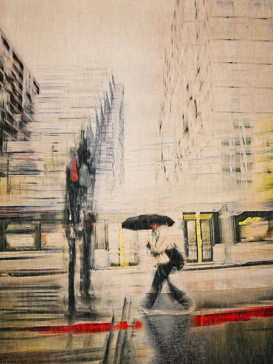 Red Carpet a person walking with a umbrella in the rain  through Barcode Oslo city — ICM photography cycling wall art print by Douglas Carr at Oslo Art Prints