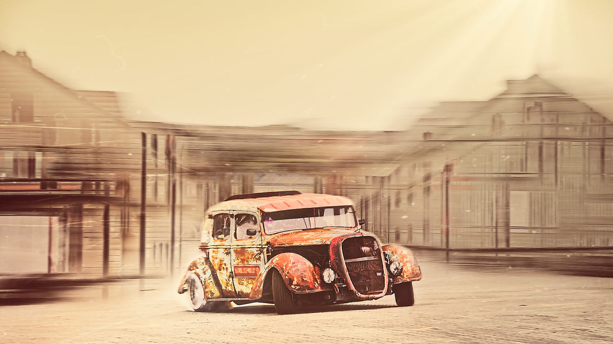 Rust and Smoke: rusten Hudson fra 1934 med Chevrolet LS3-motor, bygd av tidligere norgesmester i drifting Robin H.A., sklir med dekkrøyk gjennom en uskarp sepiagate. Bilkunst av Douglas Carr.