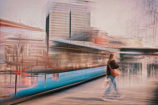 Silenced Passing a person walking through Oslo city streets snd a passing tram— ICM photography cycling wall art print by Douglas Carr at Oslo Art Prints