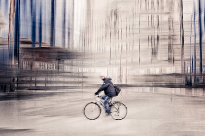 Silent Commuter, a cyclist riding through Oslo city streets — ICM photography cycling wall art print by Douglas Carr at Oslo Art Prints