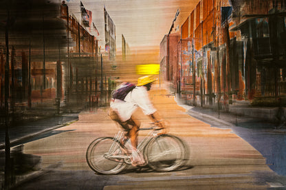 Solar Eclipse, a cyclist riding through Oslo city streets — photography cycling wall art print by Douglas Carr